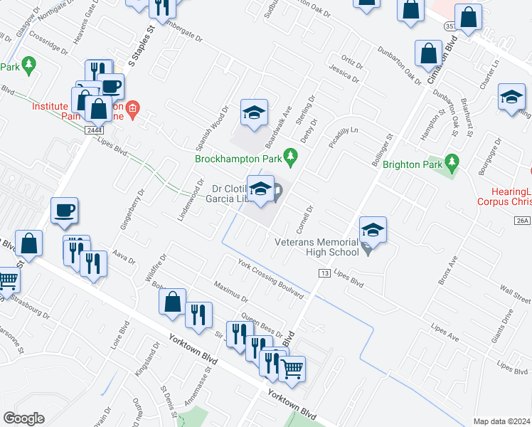 map of restaurants, bars, coffee shops, grocery stores, and more near 5922 Brockhampton Street in Corpus Christi