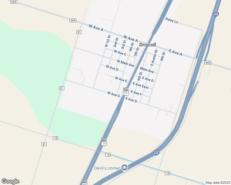 map of restaurants, bars, coffee shops, grocery stores, and more near 408 South Lamar Avenue in Driscoll