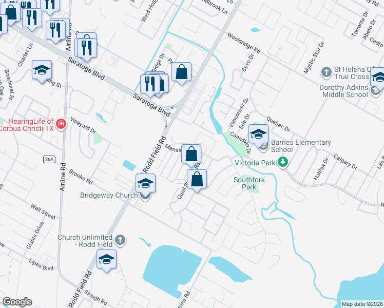 map of restaurants, bars, coffee shops, grocery stores, and more near 7205 Mansions Drive in Corpus Christi