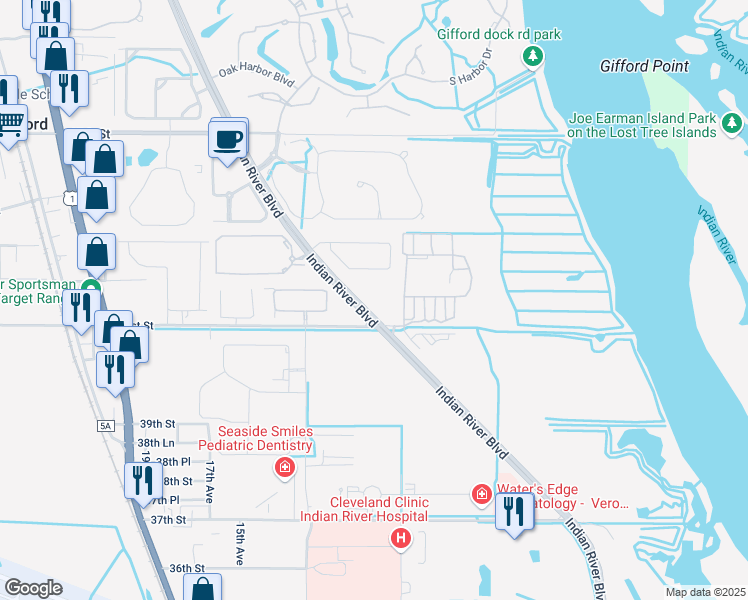 map of restaurants, bars, coffee shops, grocery stores, and more near 4150 Indian River Boulevard in Vero Beach