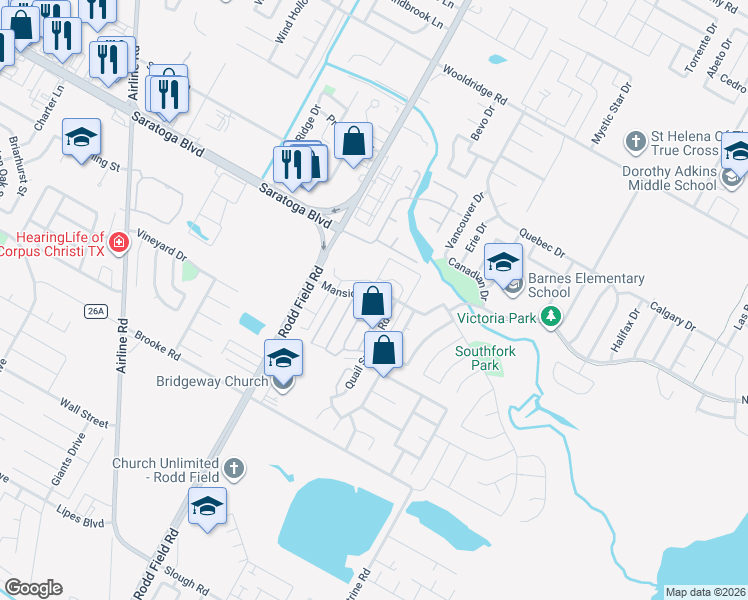 map of restaurants, bars, coffee shops, grocery stores, and more near 7205 Mansions Drive in Corpus Christi