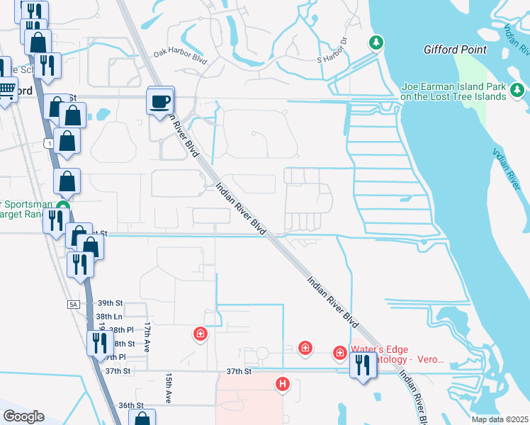 map of restaurants, bars, coffee shops, grocery stores, and more near 4150 Indian River Boulevard in Vero Beach