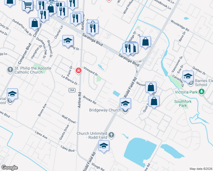 map of restaurants, bars, coffee shops, grocery stores, and more near 7005 Vineyard Drive in Corpus Christi