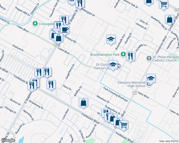 map of restaurants, bars, coffee shops, grocery stores, and more near 7214 Lindenwood Drive in Corpus Christi