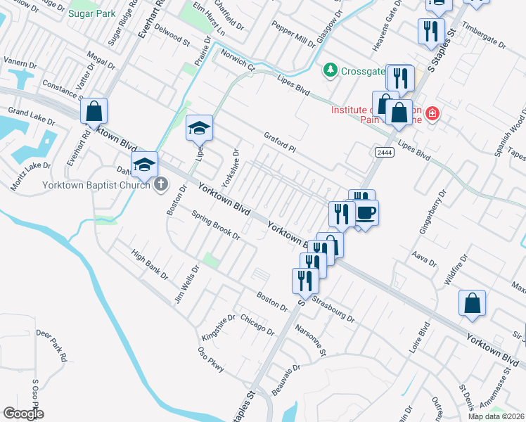 map of restaurants, bars, coffee shops, grocery stores, and more near 7037 Chiswick Drive in Corpus Christi