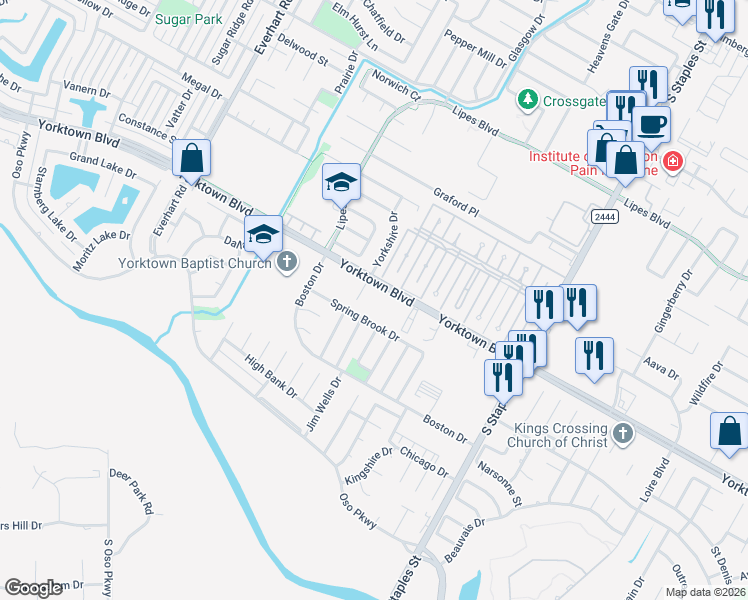 map of restaurants, bars, coffee shops, grocery stores, and more near 5229 Yorktown Boulevard in Corpus Christi