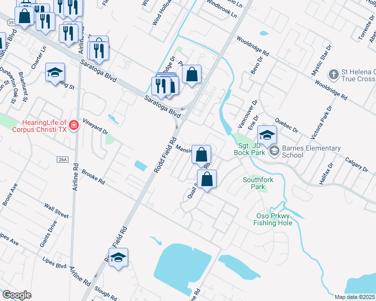 map of restaurants, bars, coffee shops, grocery stores, and more near 7205 Mansions Drive in Corpus Christi