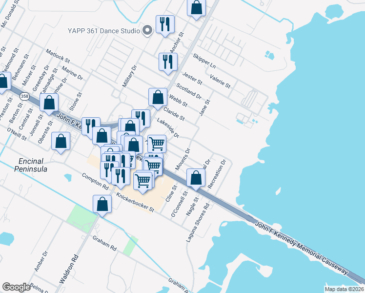 map of restaurants, bars, coffee shops, grocery stores, and more near 412 Judie Court in Corpus Christi