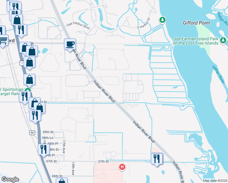 map of restaurants, bars, coffee shops, grocery stores, and more near 4150 Indian River Boulevard in Vero Beach