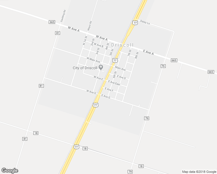 map of restaurants, bars, coffee shops, grocery stores, and more near 119 East Avenue F in Driscoll