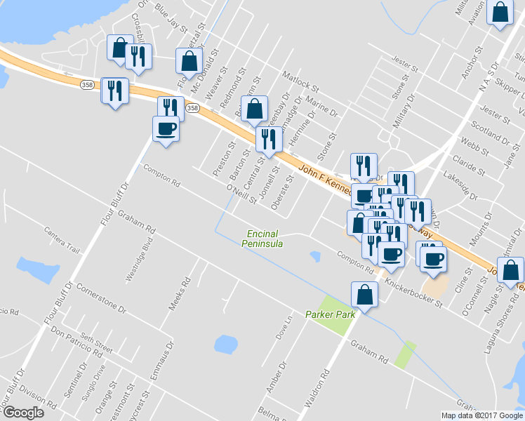 map of restaurants, bars, coffee shops, grocery stores, and more near 1413 O'Neill Street in Corpus Christi
