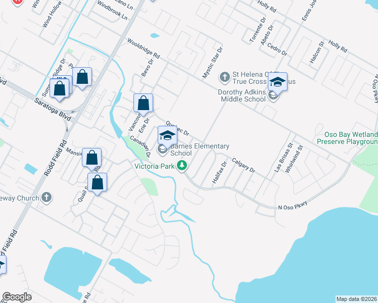map of restaurants, bars, coffee shops, grocery stores, and more near 2801 Victoria Park Drive in Corpus Christi