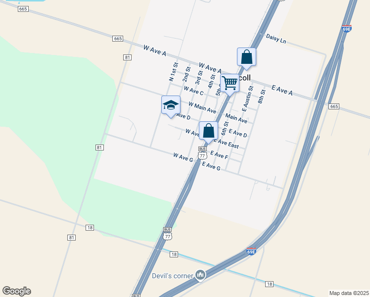 map of restaurants, bars, coffee shops, grocery stores, and more near 408 South Lamar Avenue in Driscoll