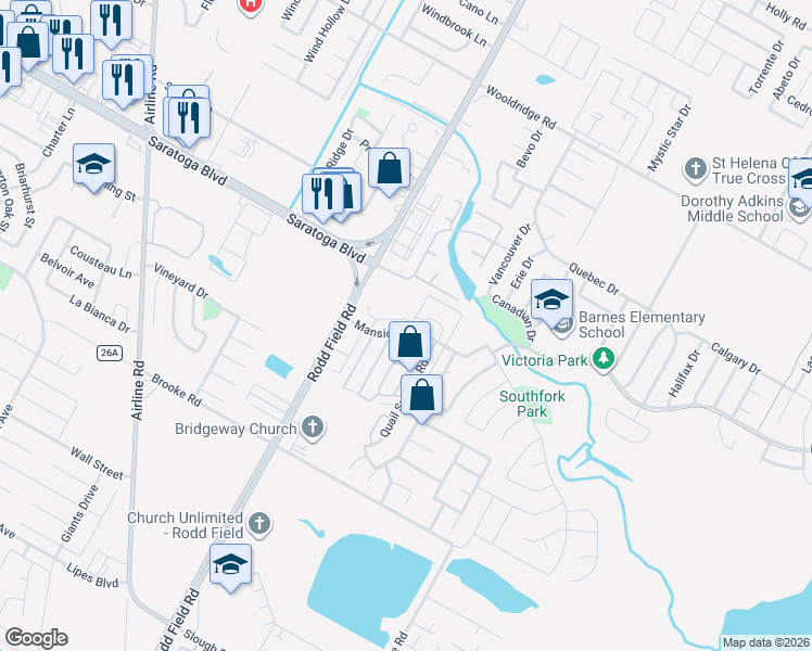 map of restaurants, bars, coffee shops, grocery stores, and more near 7205 Mansions Drive in Corpus Christi