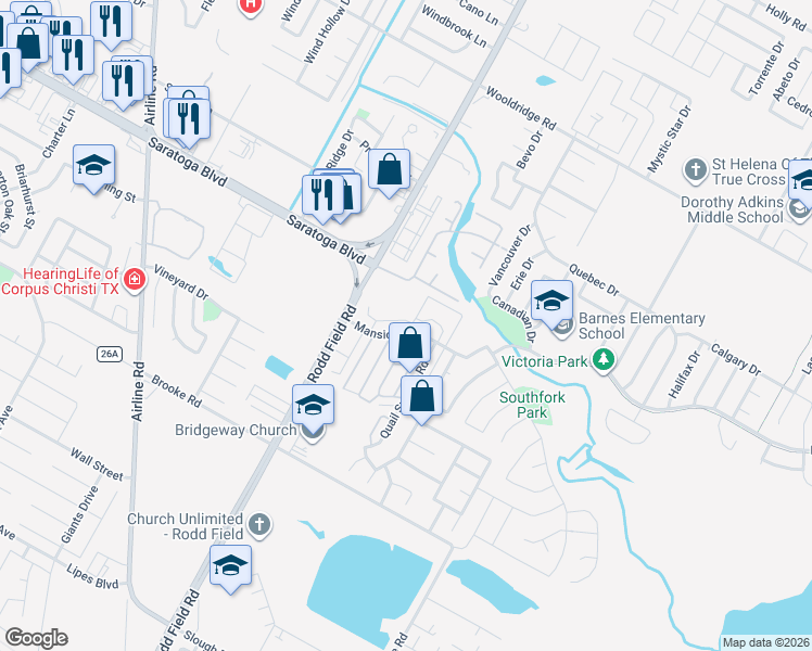 map of restaurants, bars, coffee shops, grocery stores, and more near 7205 Mansions Drive in Corpus Christi