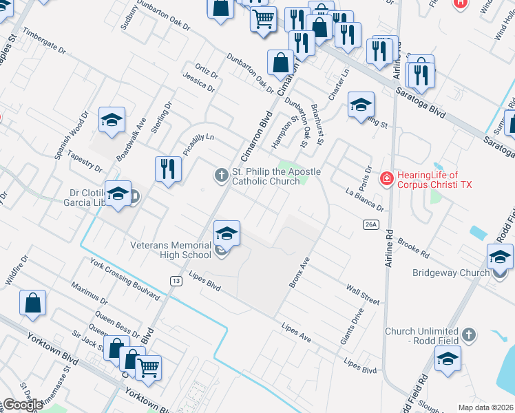 map of restaurants, bars, coffee shops, grocery stores, and more near 3501 Pineda Street in Corpus Christi