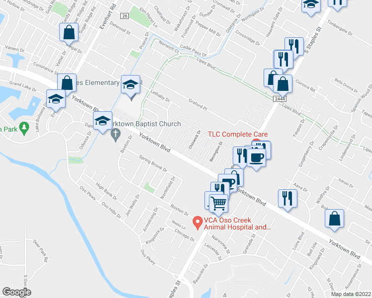 map of restaurants, bars, coffee shops, grocery stores, and more near 7037 Chiswick Drive in Corpus Christi