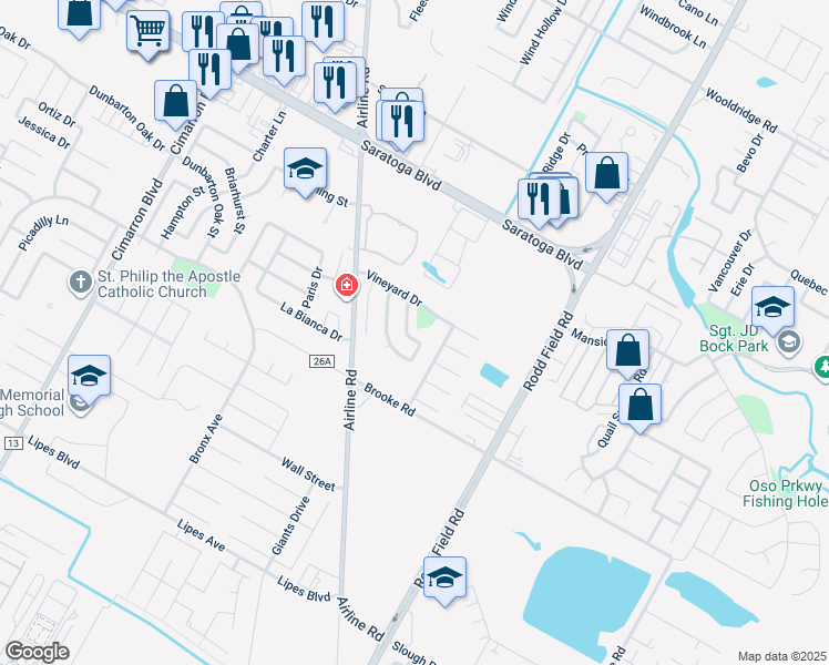 map of restaurants, bars, coffee shops, grocery stores, and more near 3206 Santa Cruz Drive in Corpus Christi