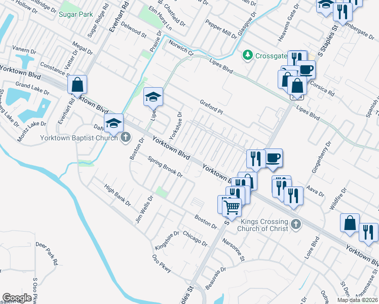 map of restaurants, bars, coffee shops, grocery stores, and more near 7037 Dunsford Drive in Corpus Christi