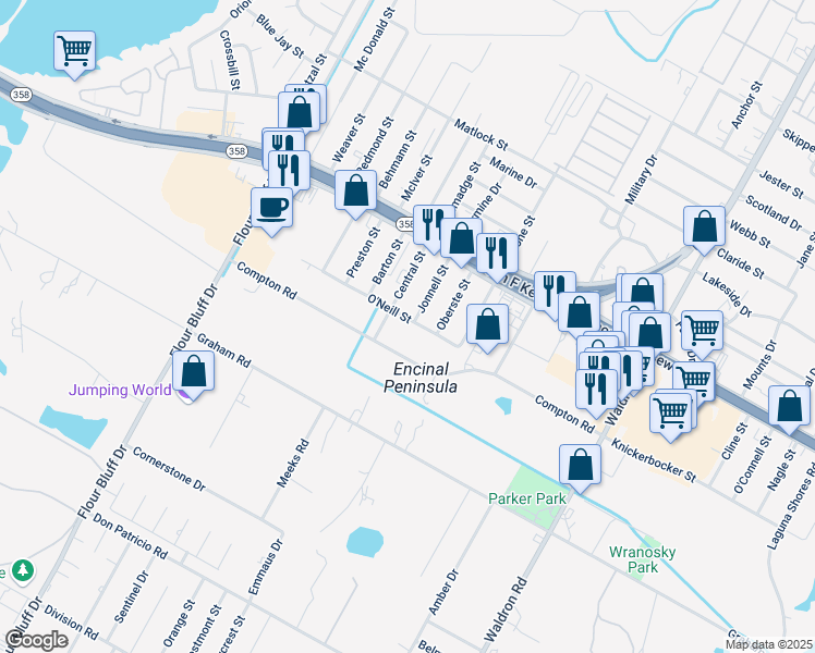 map of restaurants, bars, coffee shops, grocery stores, and more near 1413 O'Neill Street in Corpus Christi