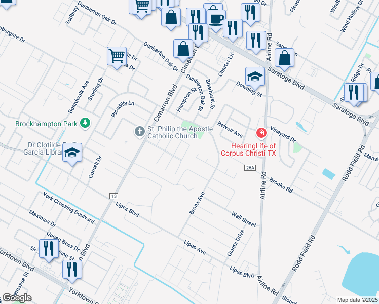 map of restaurants, bars, coffee shops, grocery stores, and more near 3418 Garza Street in Corpus Christi
