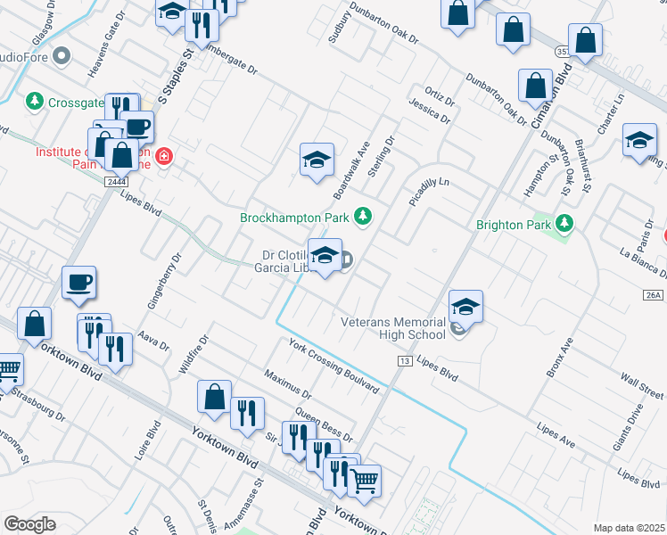 map of restaurants, bars, coffee shops, grocery stores, and more near 5922 Brockhampton Street in Corpus Christi