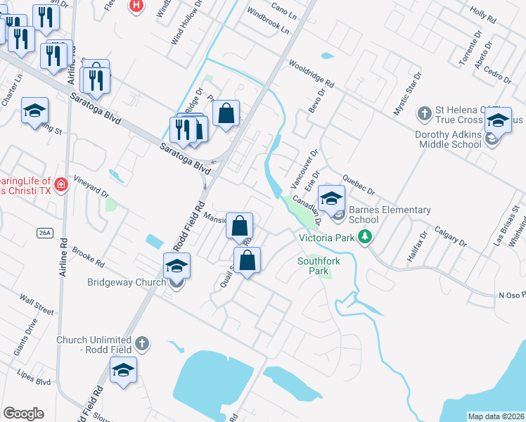 map of restaurants, bars, coffee shops, grocery stores, and more near 7252 Mansions Drive in Corpus Christi