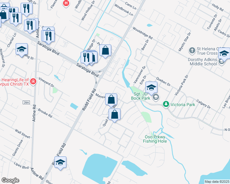 map of restaurants, bars, coffee shops, grocery stores, and more near 7252 Mansions Drive in Corpus Christi