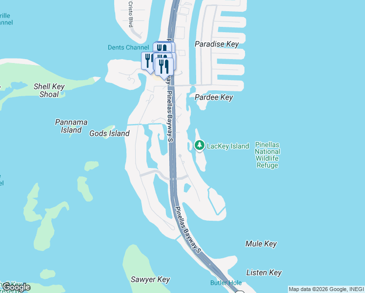 map of restaurants, bars, coffee shops, grocery stores, and more near 1695 Pinellas Bayway South in Tierra Verde