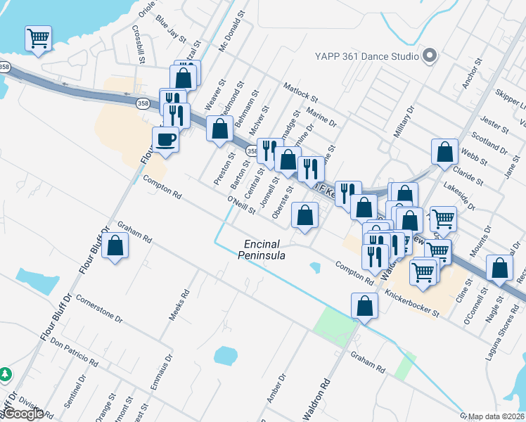 map of restaurants, bars, coffee shops, grocery stores, and more near 1413 O'Neill Street in Corpus Christi