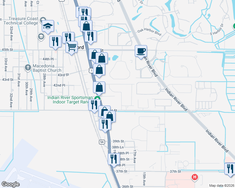 map of restaurants, bars, coffee shops, grocery stores, and more near 4167 West 16th Square in Vero Beach