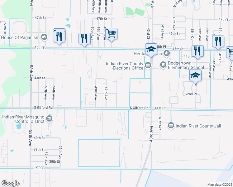 map of restaurants, bars, coffee shops, grocery stores, and more near 4879 42nd Street in Vero Beach