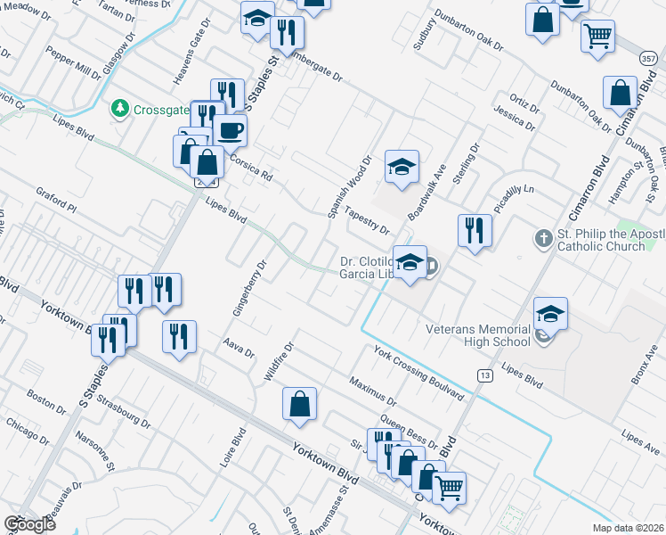 map of restaurants, bars, coffee shops, grocery stores, and more near 7214 Lindenwood Drive in Corpus Christi