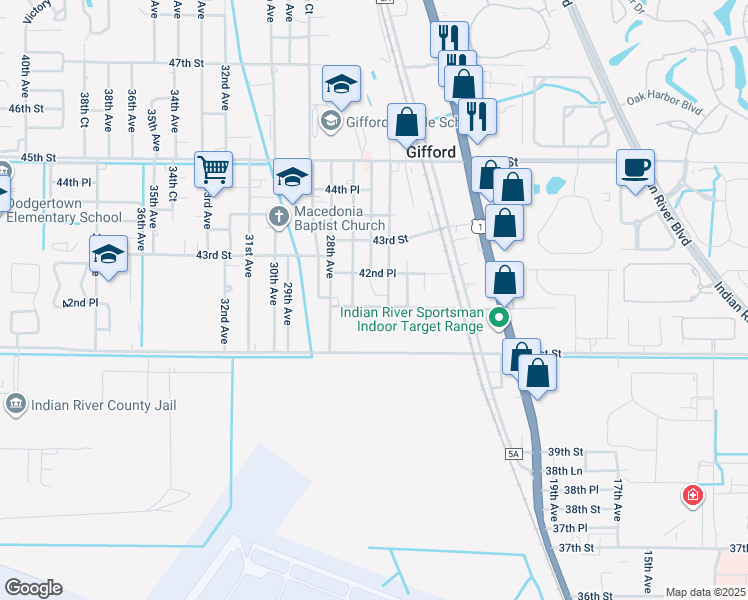 map of restaurants, bars, coffee shops, grocery stores, and more near 2600 41st Street in Vero Beach