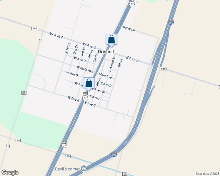 map of restaurants, bars, coffee shops, grocery stores, and more near 410 8th Street in Driscoll