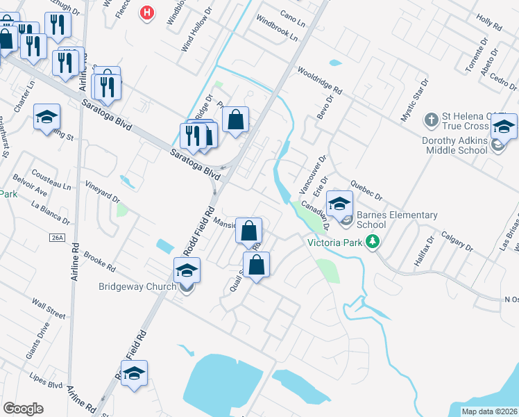 map of restaurants, bars, coffee shops, grocery stores, and more near 7221 Lake Tranquility Drive in Corpus Christi