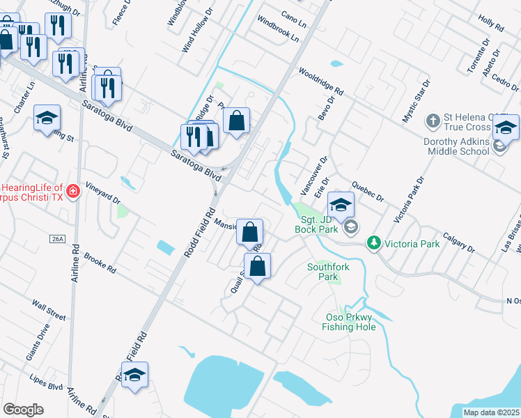 map of restaurants, bars, coffee shops, grocery stores, and more near 7221 Lake Tranquility Drive in Corpus Christi
