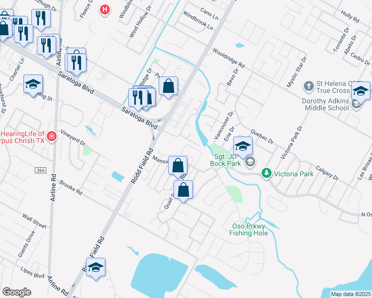 map of restaurants, bars, coffee shops, grocery stores, and more near 7252 Mansions Drive in Corpus Christi