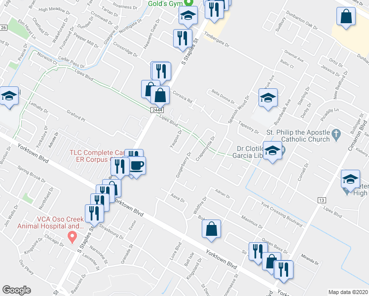 map of restaurants, bars, coffee shops, grocery stores, and more near 7226 Windwillow Drive in Corpus Christi