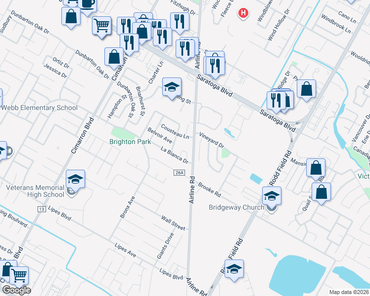map of restaurants, bars, coffee shops, grocery stores, and more near 3206 Bordeaux Drive in Corpus Christi