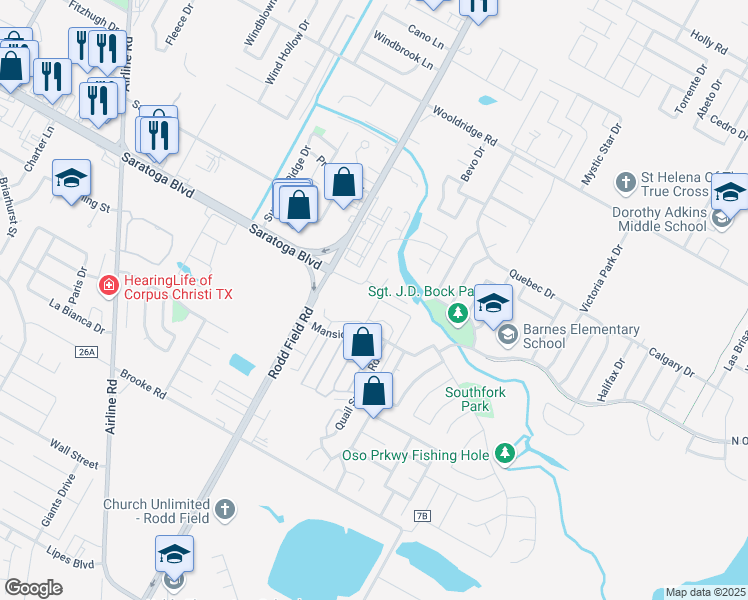 map of restaurants, bars, coffee shops, grocery stores, and more near 7252 Mansions Drive in Corpus Christi