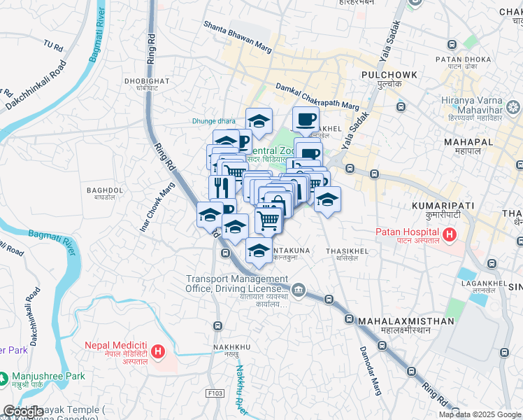 map of restaurants, bars, coffee shops, grocery stores, and more near Ekantakuna Road in Patan