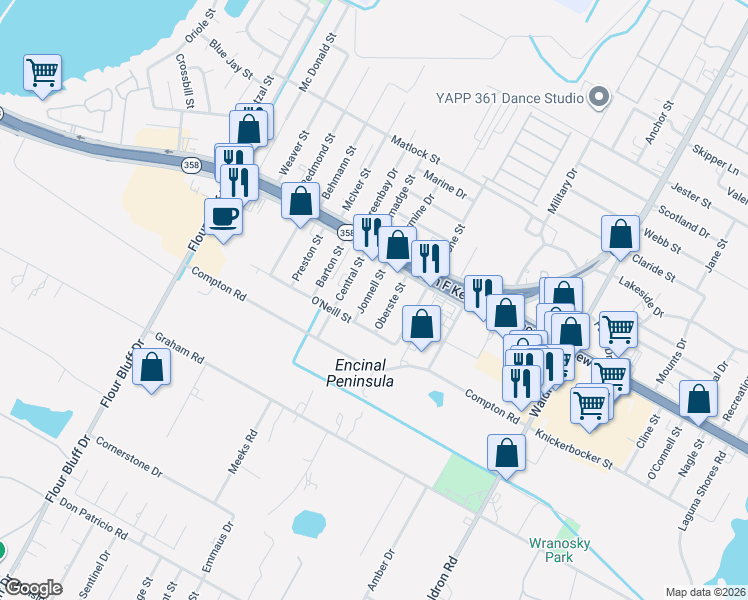 map of restaurants, bars, coffee shops, grocery stores, and more near 1218 Jonnell Street in Corpus Christi
