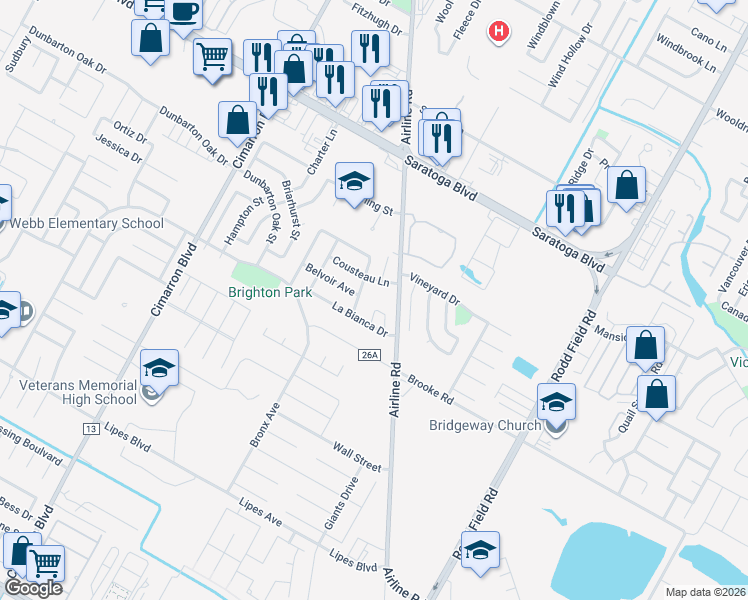 map of restaurants, bars, coffee shops, grocery stores, and more near 3206 Bordeaux Drive in Corpus Christi