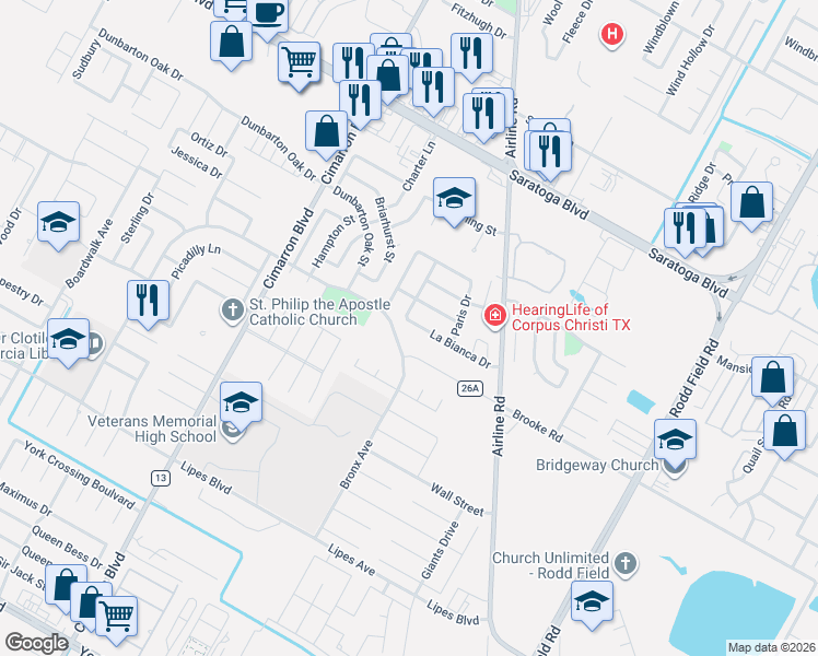 map of restaurants, bars, coffee shops, grocery stores, and more near 6622 La Bianca Drive in Corpus Christi