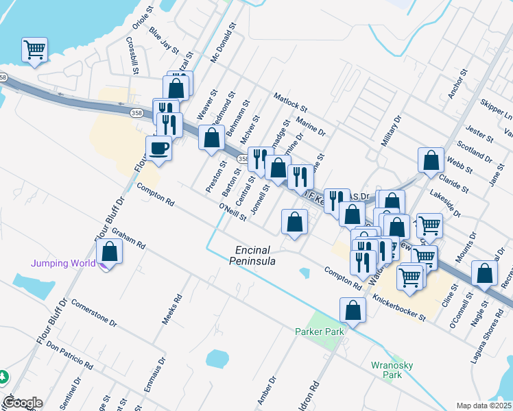 map of restaurants, bars, coffee shops, grocery stores, and more near 1218 Jonnell Street in Corpus Christi