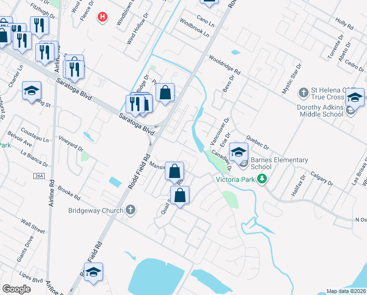 map of restaurants, bars, coffee shops, grocery stores, and more near 7221 Lake Tranquility Drive in Corpus Christi