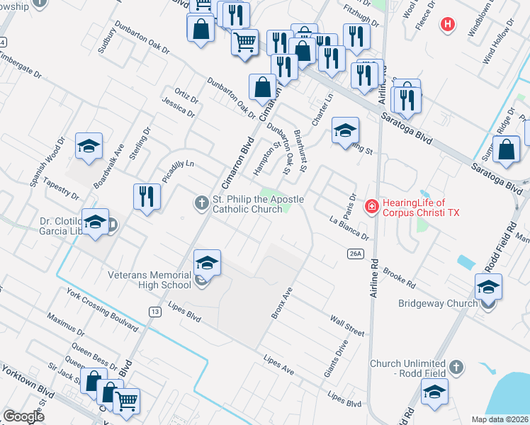 map of restaurants, bars, coffee shops, grocery stores, and more near 6526 Sam Houston Street in Corpus Christi
