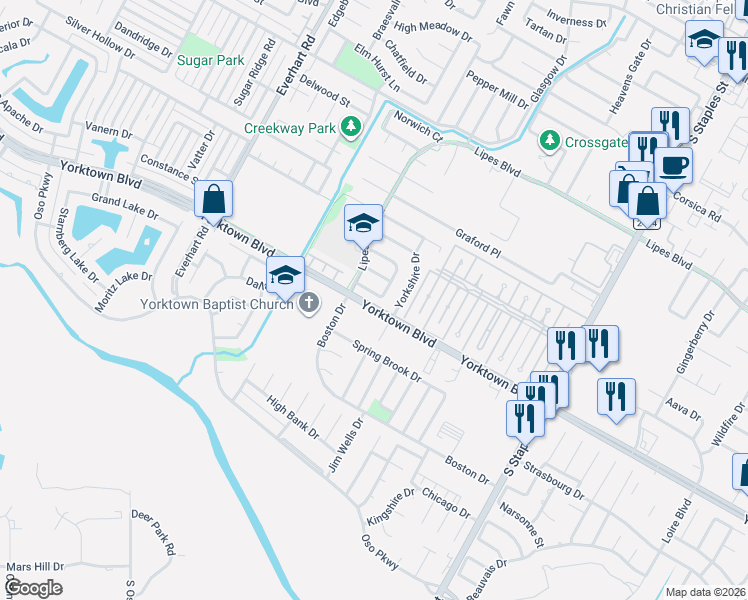 map of restaurants, bars, coffee shops, grocery stores, and more near 7530 Keelung Drive in Corpus Christi