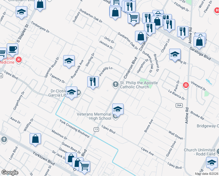 map of restaurants, bars, coffee shops, grocery stores, and more near 3513 Cimarron Boulevard in Corpus Christi